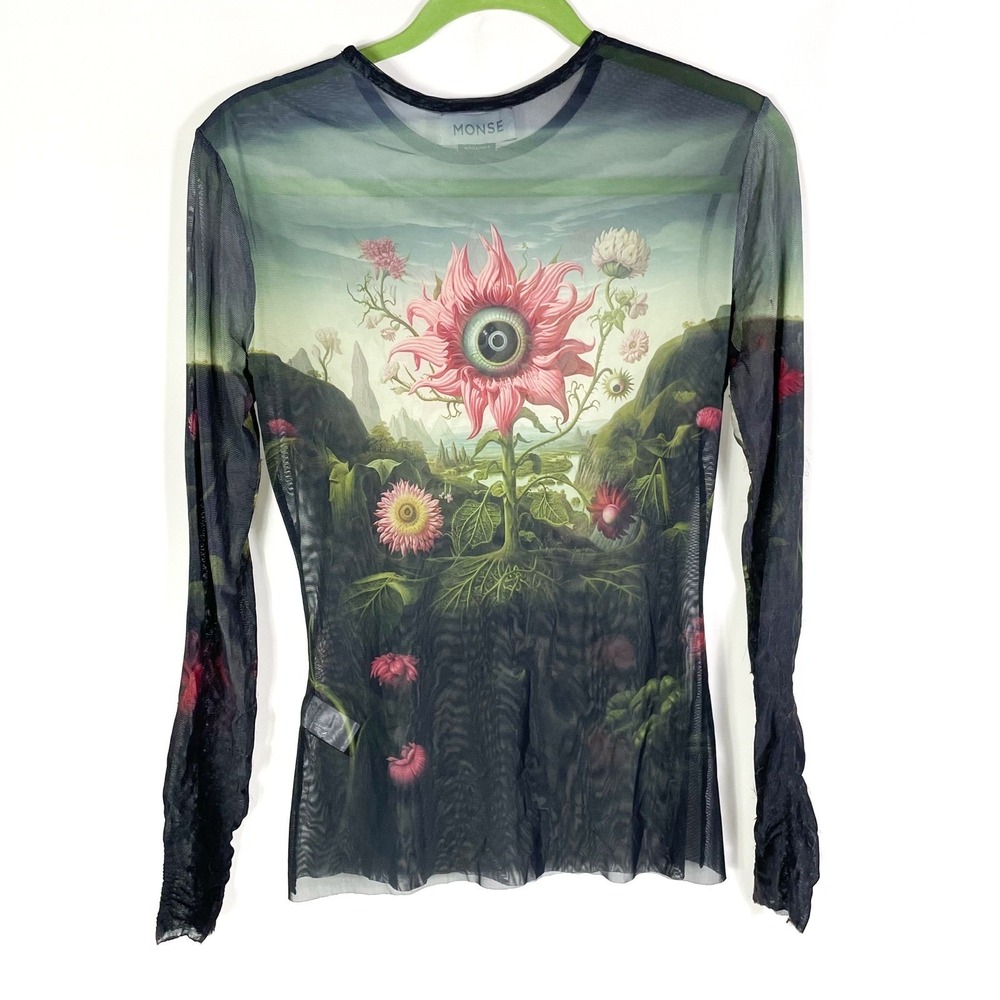 Monse Rose‎ Printed Mesh Top Long Sleeve Mesh Surrealist Sheer Long Sleeve Sz L - Picture 11 of 16